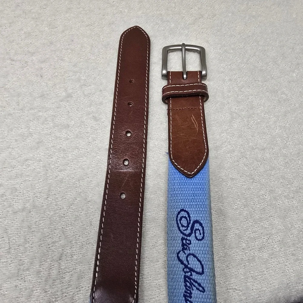 Sea island Peter Millar Golf Belt Men 38 Blue Brown Leather Canvas USA Made